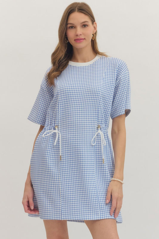 Gingham Short Sleeve Mini Dress w Drawstring