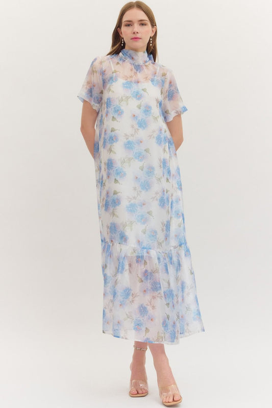 Floral Short Sleeve Midi Dress w Mock Neck - Blue
