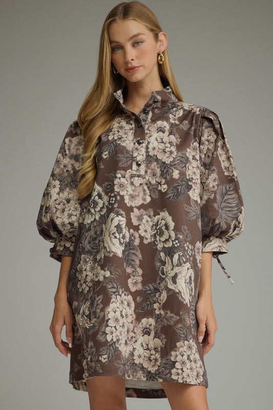 Floral Puff Sleeve Mini Dress - Brown