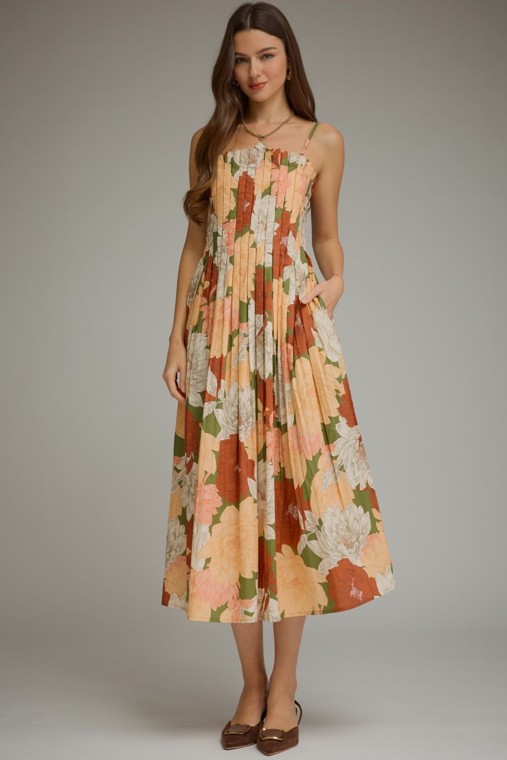 Floral Sleeveless Midi Dress - Olive