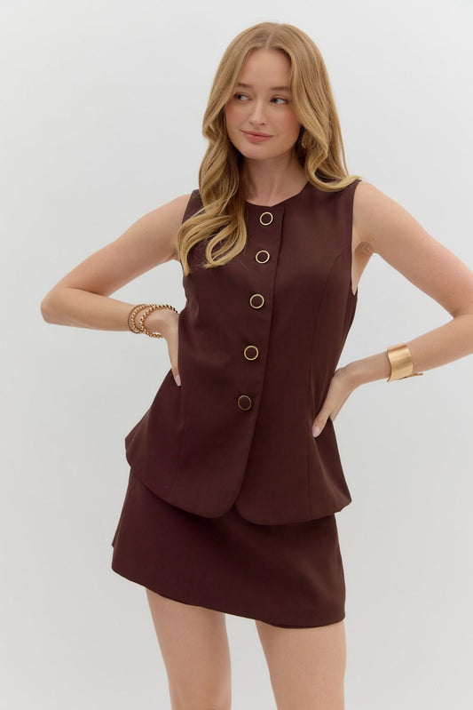 Gold Button Detail Romper - Chocolate