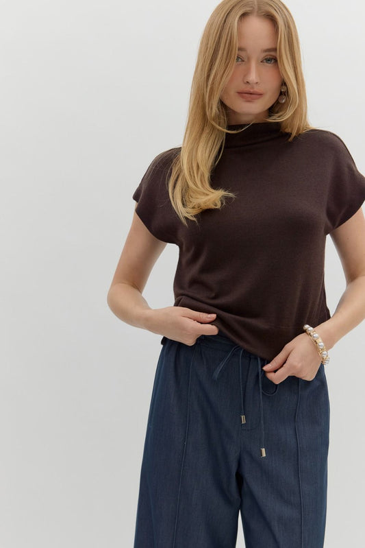 Solid Knit Mock Neck Top - Brown