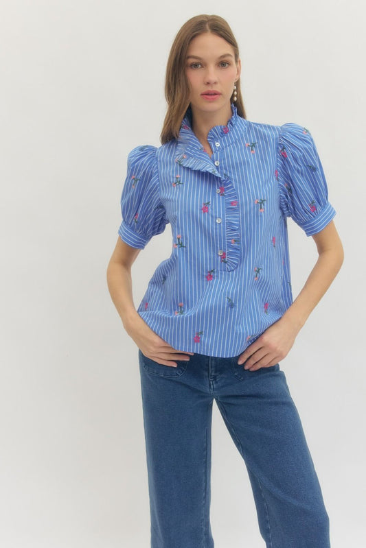 Floral Stripe Embroidered Blouse - Blue