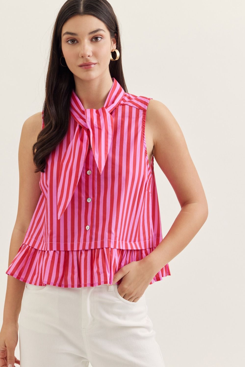 Striped Sleeveless Top w Neck Tie - Red/Pink