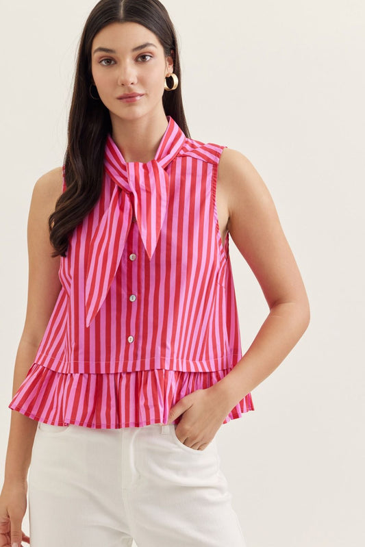 Striped Sleeveless Top w Neck Tie - Red/Pink