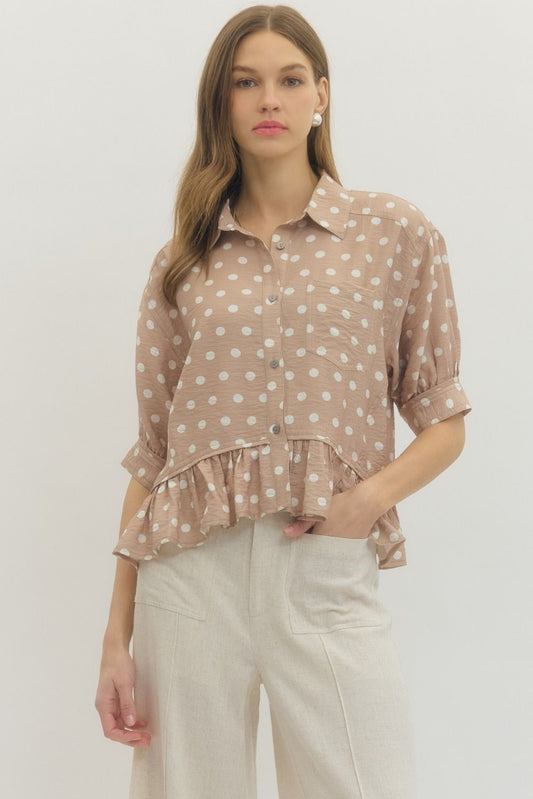 Polka Dot Ruffle Hem Blouse - Sand