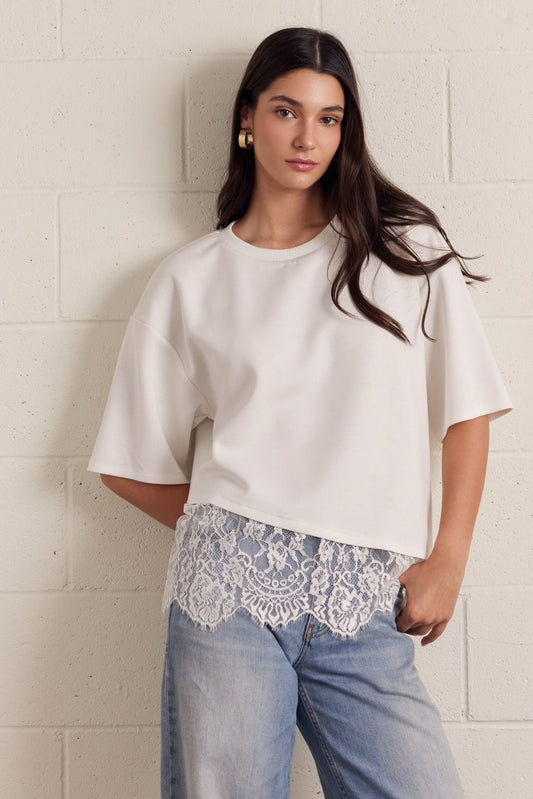 Short Sleeve Top w Lace Hem - Off White