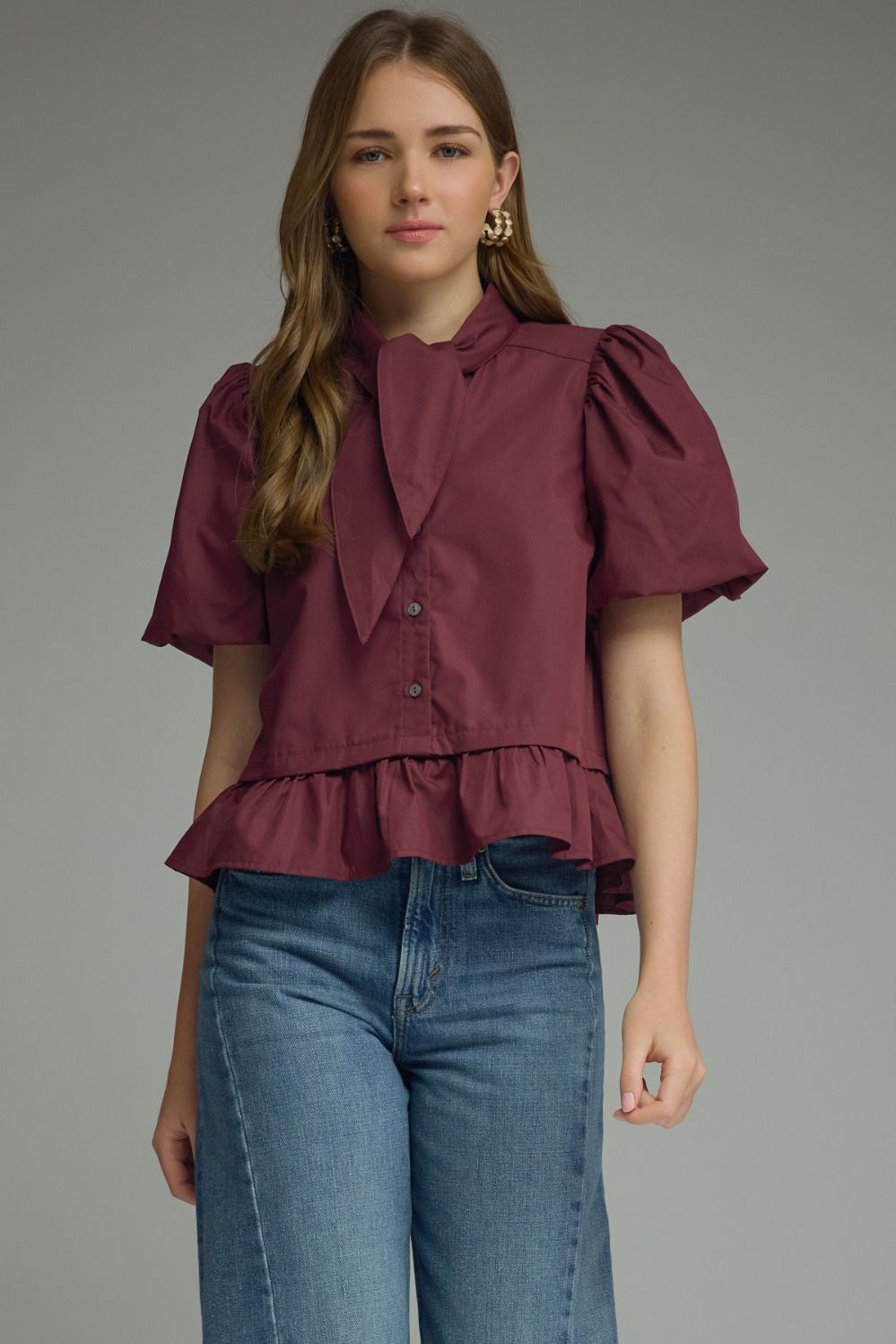 Scarf Neck Tie Top - Burgundy