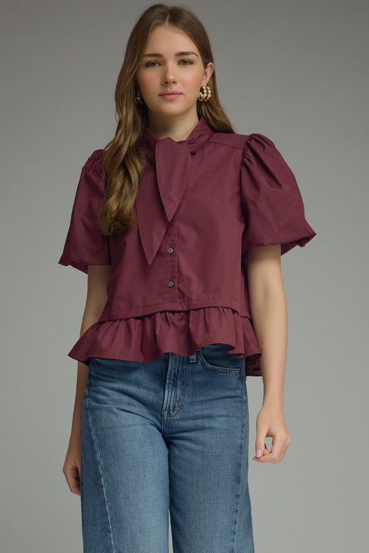 Scarf Neck Tie Top - Burgundy