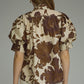 Floral Print Short Puff Sleeve Top - Brown