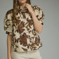 Floral Print Short Puff Sleeve Top - Brown