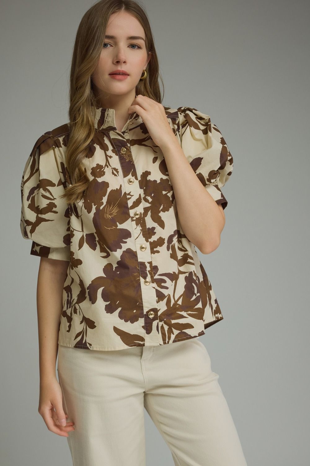 Floral Print Short Puff Sleeve Top - Brown