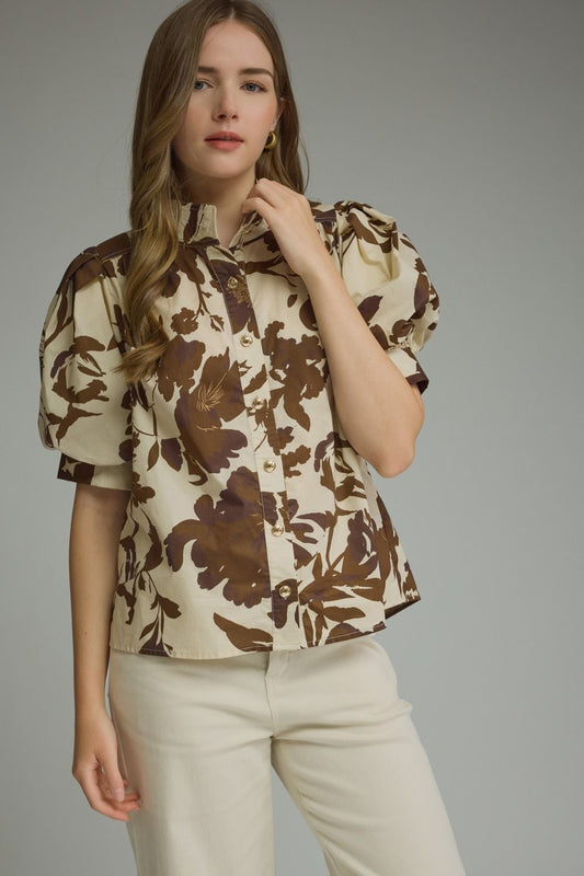 Floral Print Short Puff Sleeve Top - Brown