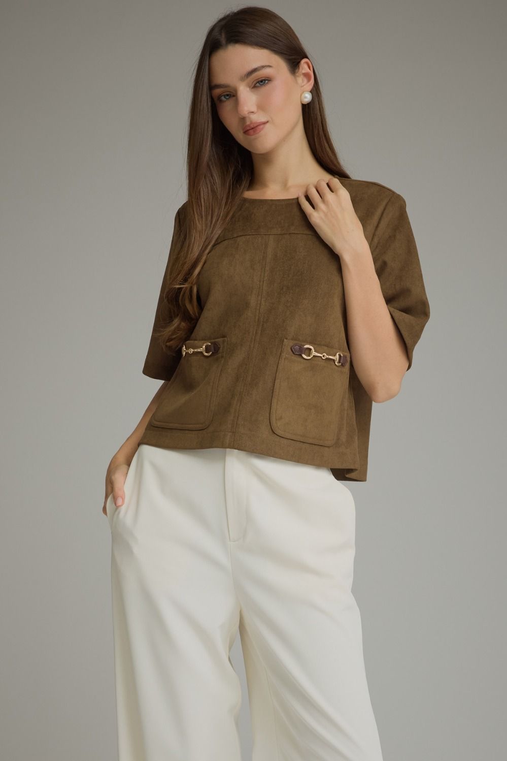 Short Sleeve Top w Gold Detail - Wood