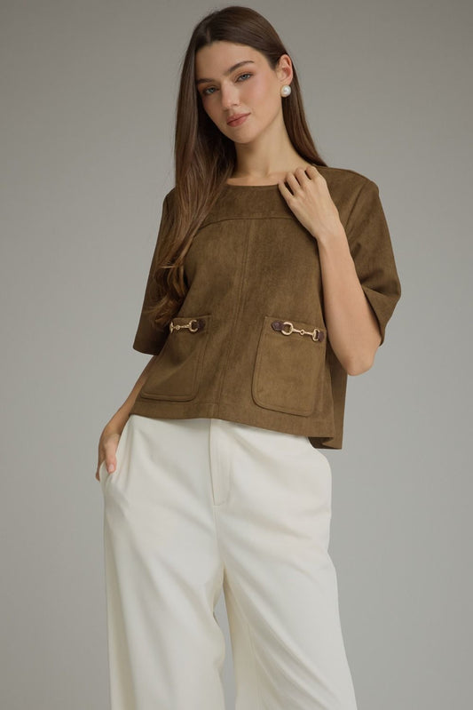 Short Sleeve Top w Gold Detail - Wood