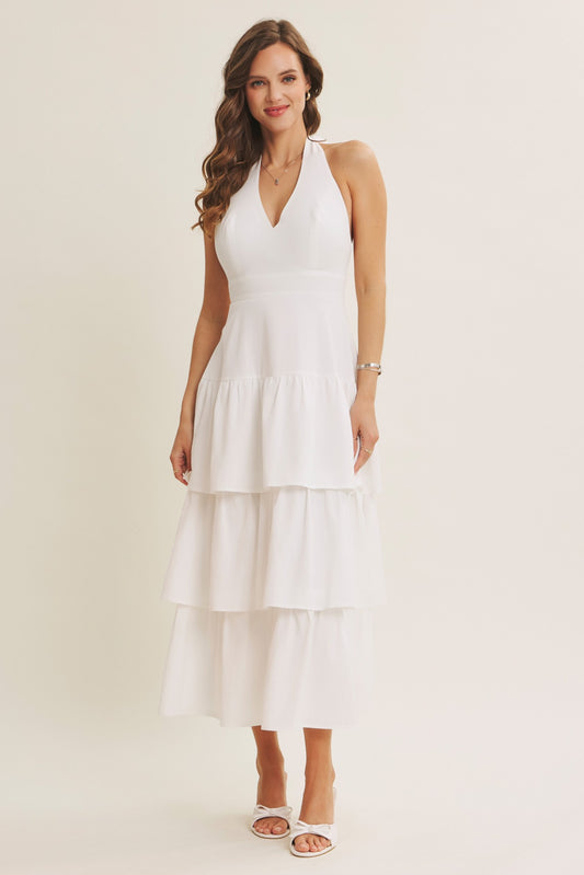 Halter Tiered Ruffle Maxi Dress -White