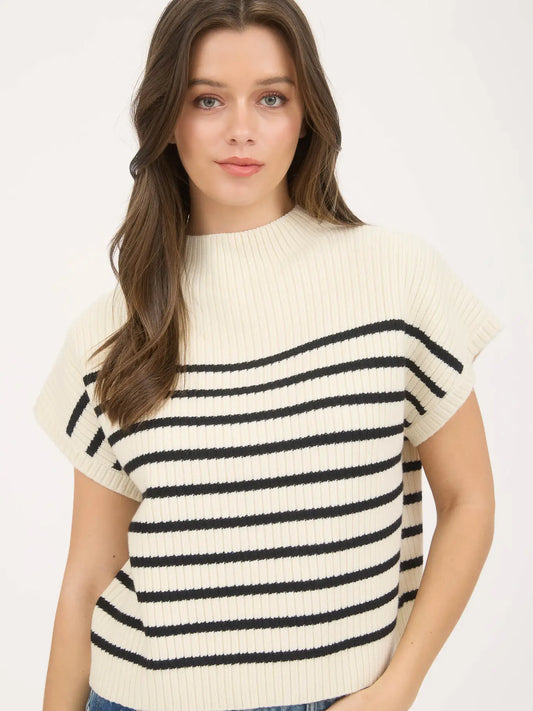 Stripe Mock Neck Short Sleeve Knit Sweater - Ivory