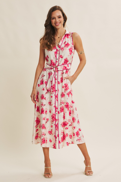 Sleeveless Floral Midi Dress with Belt - Fuchsia