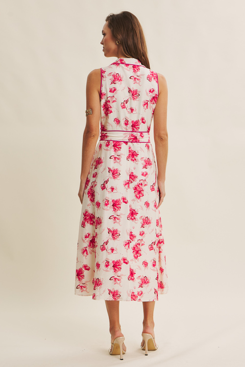 Sleeveless Floral Midi Dress with Belt - Fuchsia