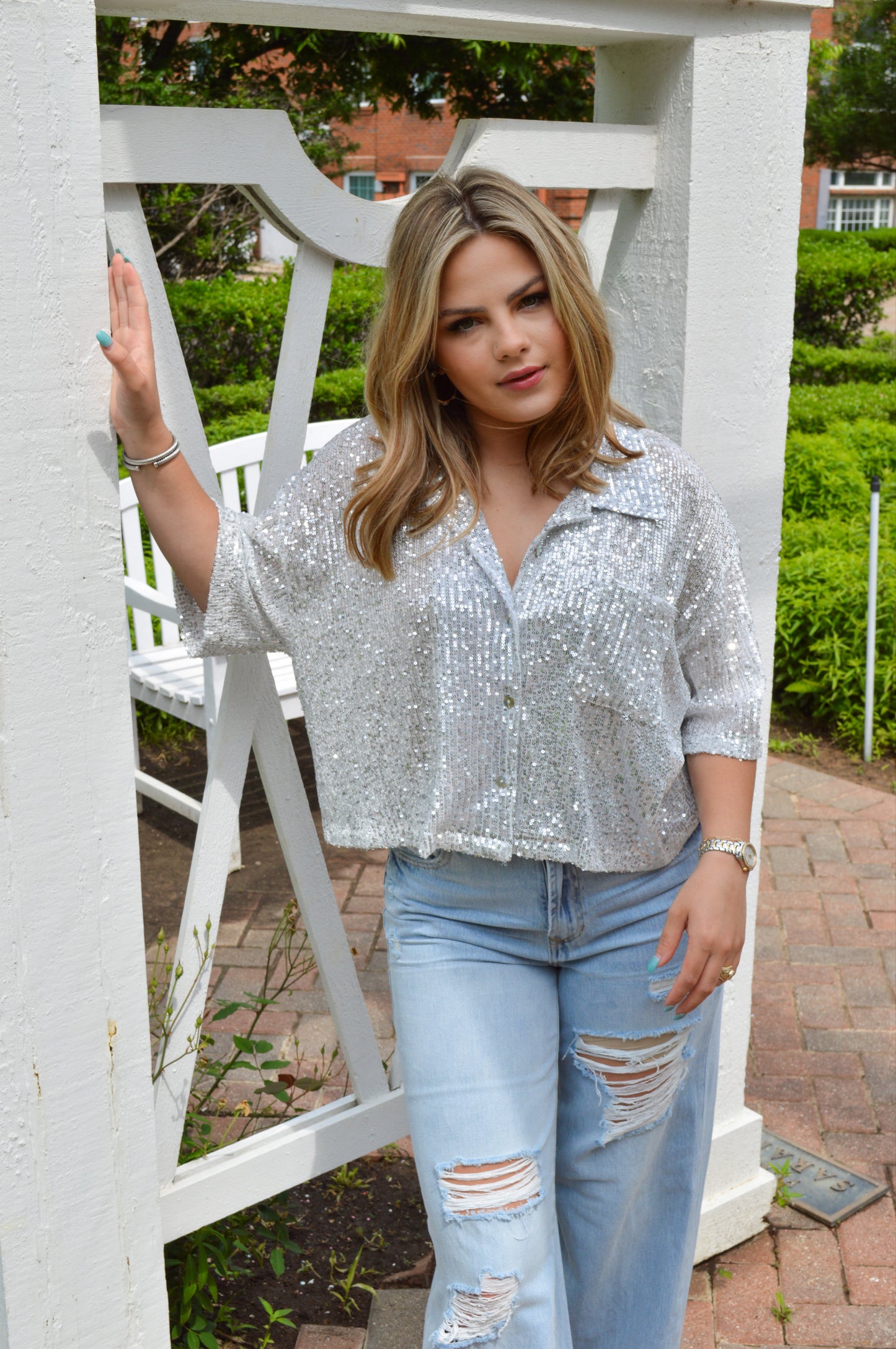 Soho Sequin Short Sleeve Shirt - Pearl White