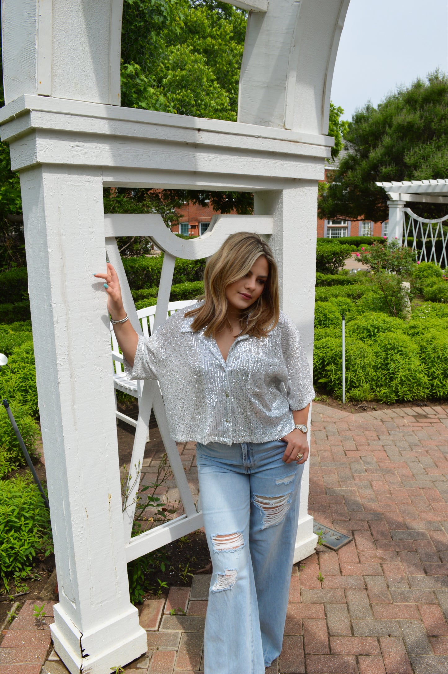 Soho Sequin Short Sleeve Shirt - Pearl White