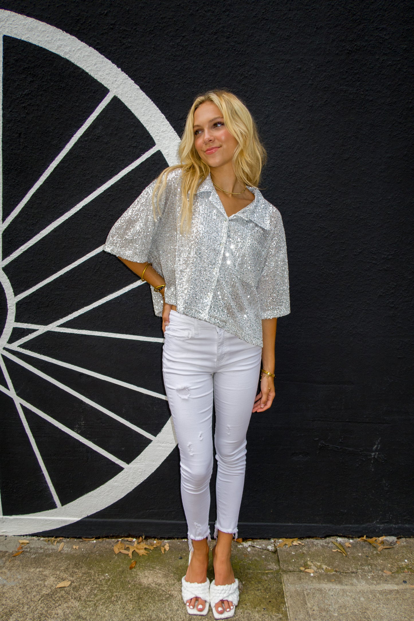 Soho Sequin Short Sleeve Shirt - Pearl White