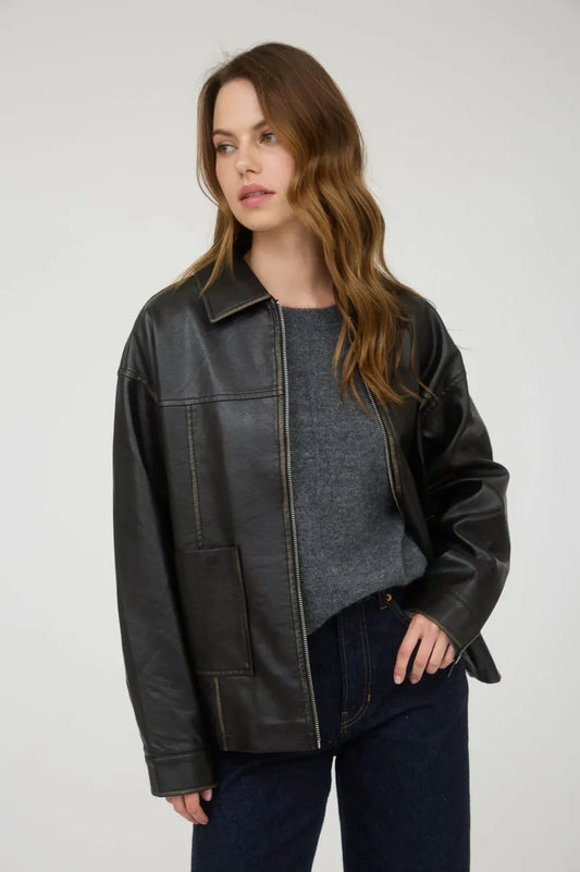 Faux Leather Collared Zip Up Jacket - Brown