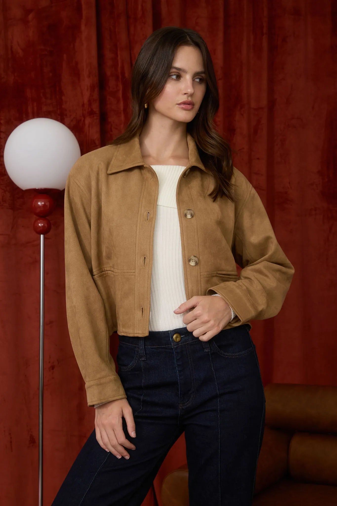 Suede Collared Cropped Jacket - Camel