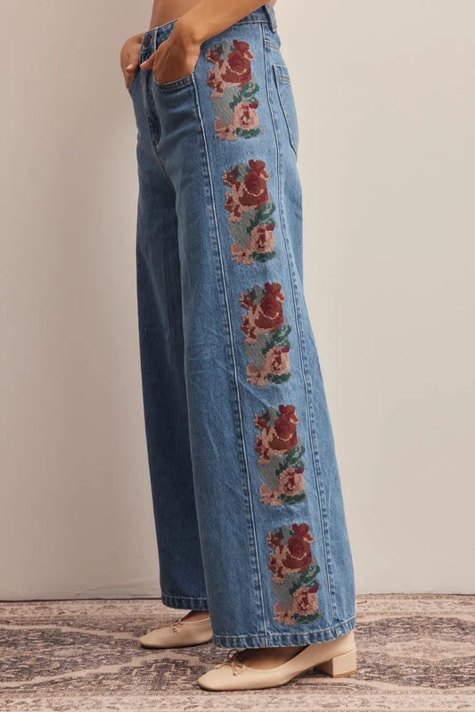 Floral Side Panel Wide Leg Jeans