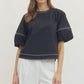 Contrast Stitch Bubble Sleeve Top - Black