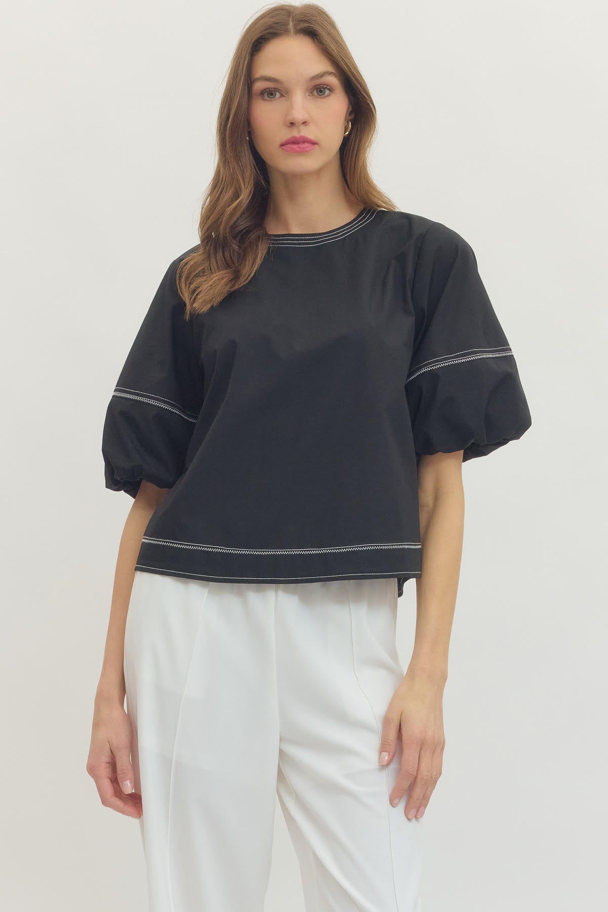 Contrast Stitch Bubble Sleeve Top - Black