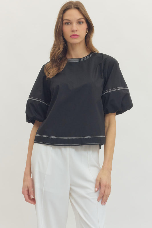 Contrast Stitch Bubble Sleeve Top - Black