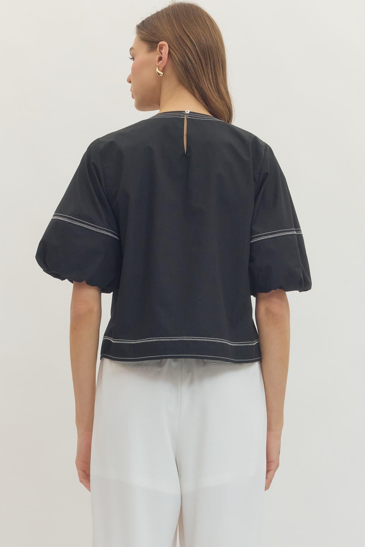 Contrast Stitch Bubble Sleeve Top - Black