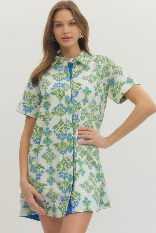 Blue Floral Short Sleeve Mini Dress - Cream