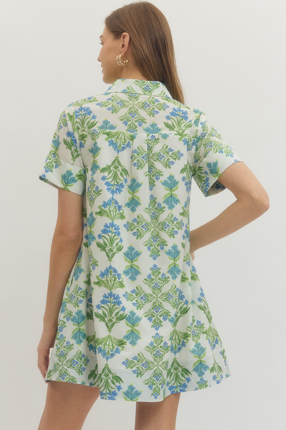 Blue Floral Short Sleeve Mini Dress - Cream