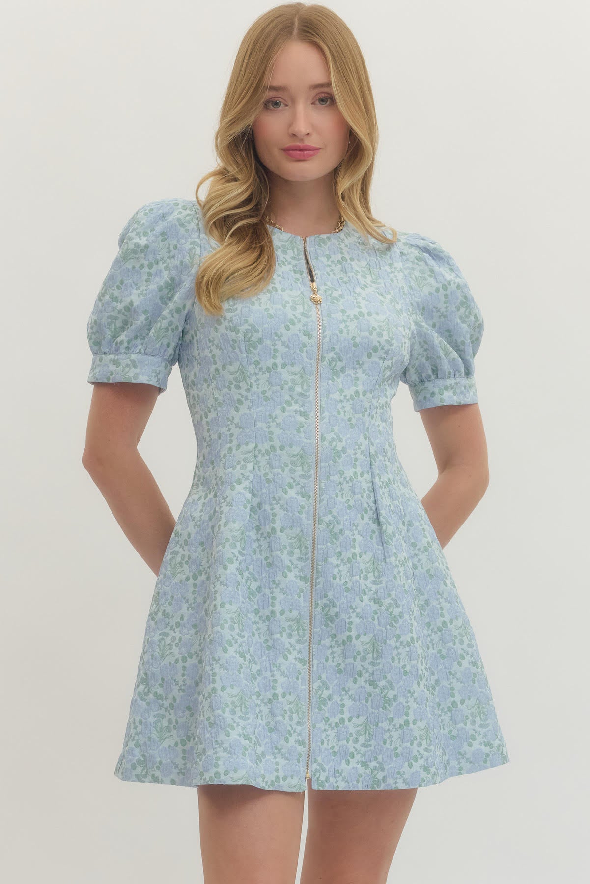 Floral Print Front Zipper Mini Dress - Light Blue