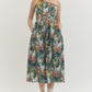 Strapless Pleated Floral Midi Dress - Navy