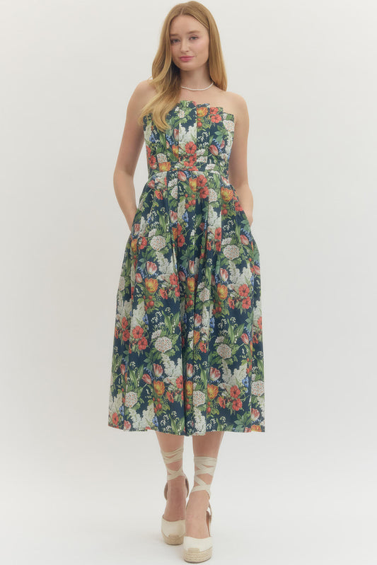 Strapless Pleated Floral Midi Dress - Navy