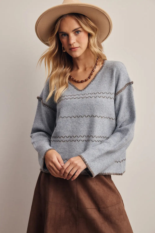 Contrast Stitch V Neck Sweater - Slate Blue